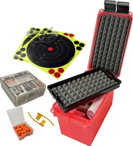 MTM Case-Gard Pistol Range Kit in clear red dry box; Foam-padded handgun tray and five-magazine storage case; PRK contents including eye/ear protection and safety flags