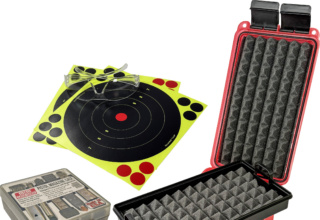 MTM Case-Gard Pistol Range Kit in clear red dry box; Foam-padded handgun tray and five-magazine storage case; PRK contents including eye/ear protection and safety flags