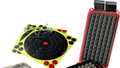 MTM Case-Gard Pistol Range Kit in clear red dry box; Foam-padded handgun tray and five-magazine storage case; PRK contents including eye/ear protection and safety flags