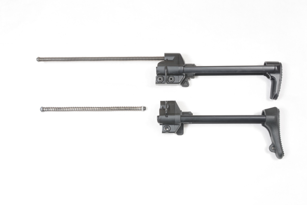 MKE stocks for the .308 G3 (top) and .223 33/53 (bottom). The recoil spring system is integral with the backplate on the G3 version. The version that fits the AP53 either requires welding on a rod or a separate, self-contained assembly such as this one from HKParts.