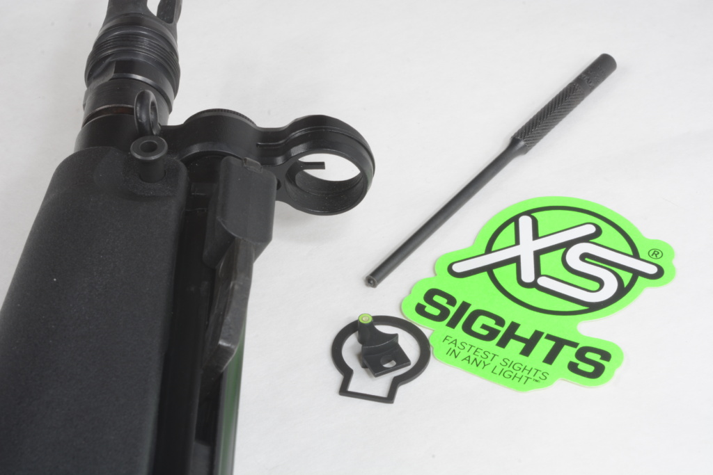 XS sights makes a variety of tritium sights for both rifles and pistols, including versions with a different colored ring surrounding the tritium vial. Replacing one requires a roll pin punch and caution. Doing it with a standard punch is likely to stake the pin in place, which gets ugly fast.