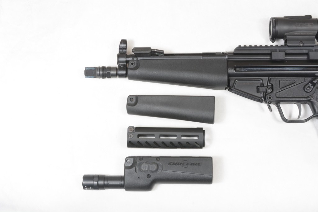 The AP53 can use MP5-length forends, giving you a broad variety to choose from. This includes the long, wide Gatewood forend that’s on the gun to (top to bottom): factory wide one, aluminum PTR M-Lok, and SureFire with integral light.