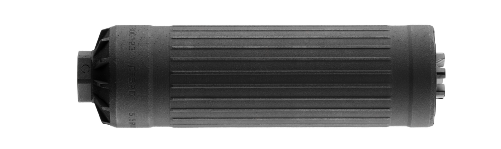 Dead Air CT5P suppressor in black Cerakote; Dead Air CT5P mounted on a 5.56 NATO patrol rifle; Dead Air CT5P with Xeno mounting system