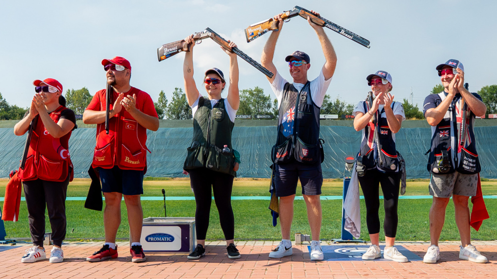 Sara Bongini competing at the ISSF World Cup in Lonato; James Willett during Mixed Team Trap competition; Fiocchi 150th anniversary celebration at Trap Concaverde