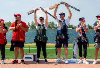 Sara Bongini competing at the ISSF World Cup in Lonato; James Willett during Mixed Team Trap competition; Fiocchi 150th anniversary celebration at Trap Concaverde