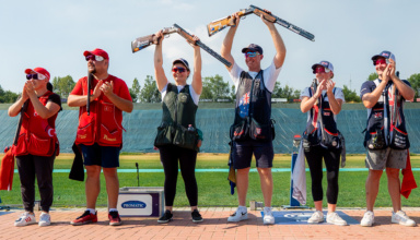 Sara Bongini competing at the ISSF World Cup in Lonato; James Willett during Mixed Team Trap competition; Fiocchi 150th anniversary celebration at Trap Concaverde